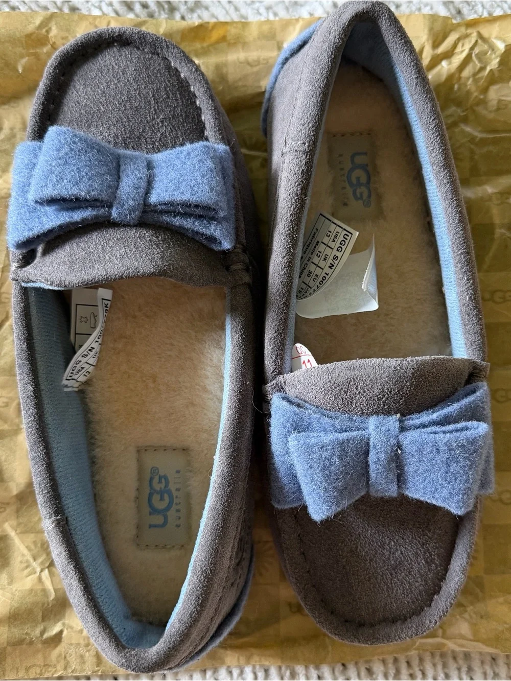 UGG Kids Grey Suede Bow Slippers with Light Blue Trim